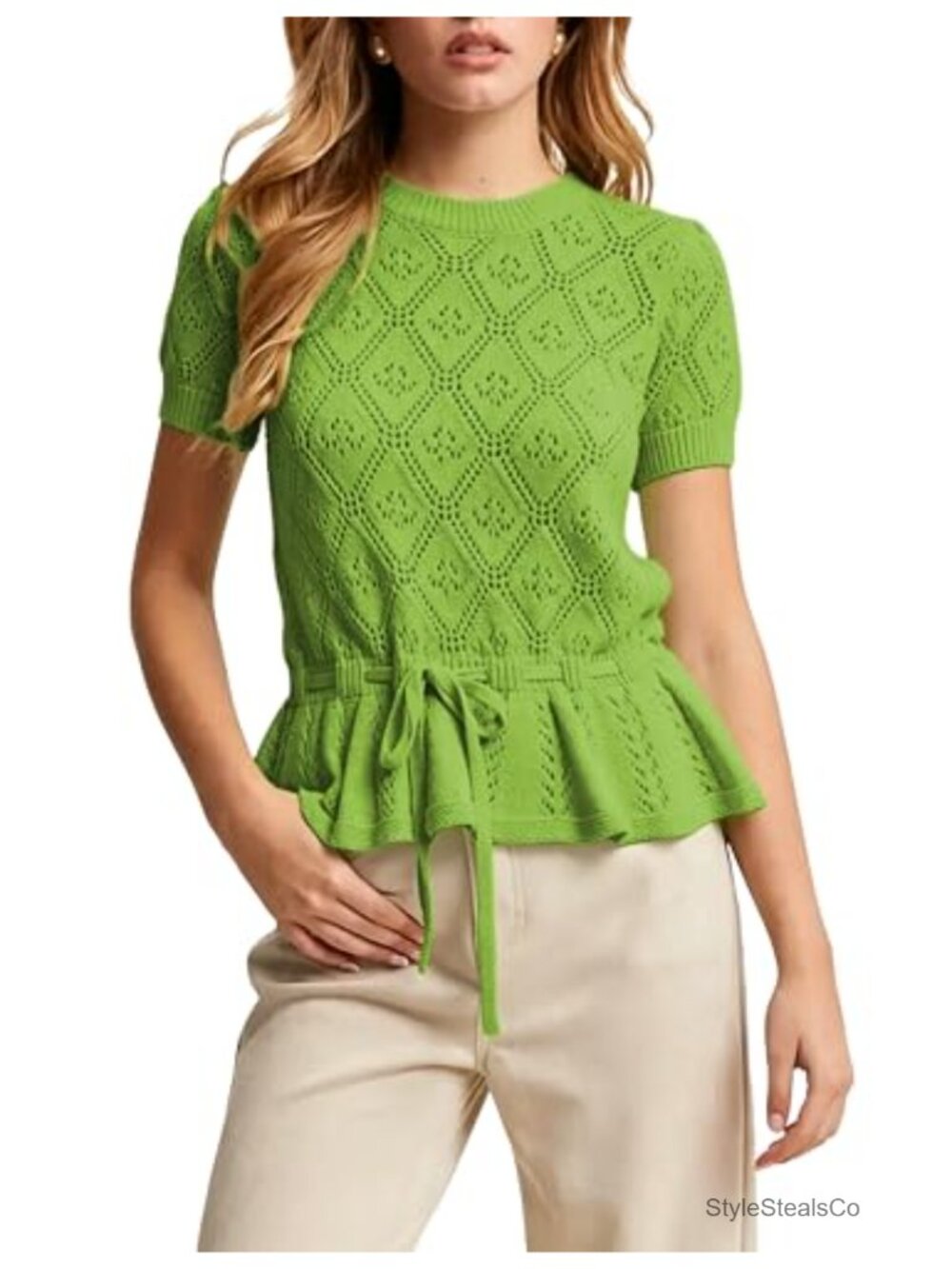 Peplum Top Puff Short Sleeve Adjustable Tie Waist Knit Sweater Pointelle